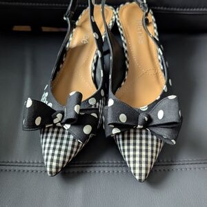 J.Renee Black and White Polka Dot & Gingham Bow Slingback Flats. Size 9M